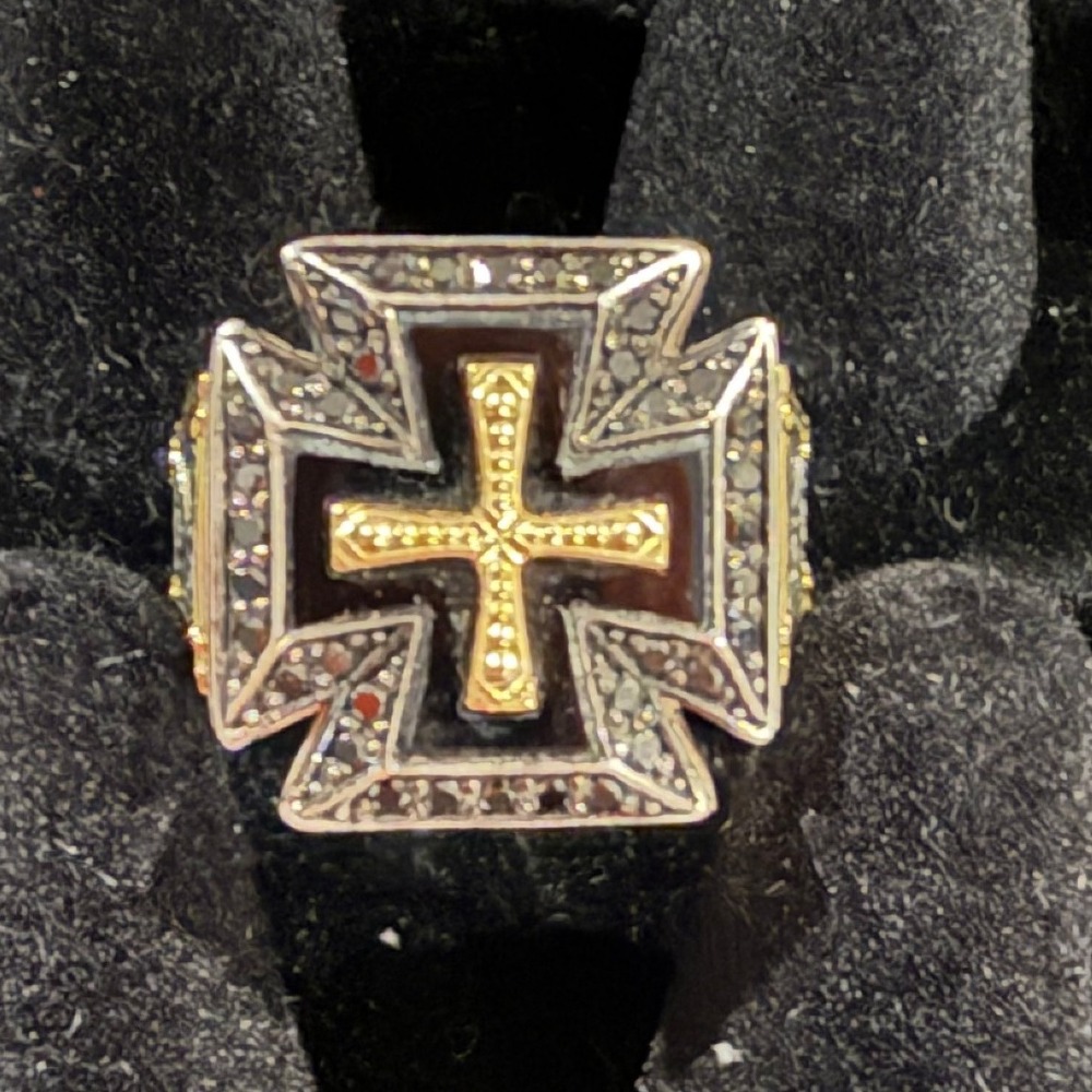 Konstantino Men's Black Diamond and Onyx Two-Tone Cross Ring Size 10